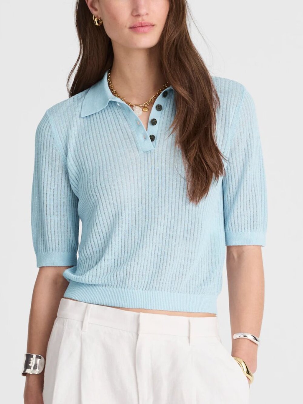 Madewell Lightweight Linen Blend Short Sleeve Polo Sweater Pale Blue XXS NWT